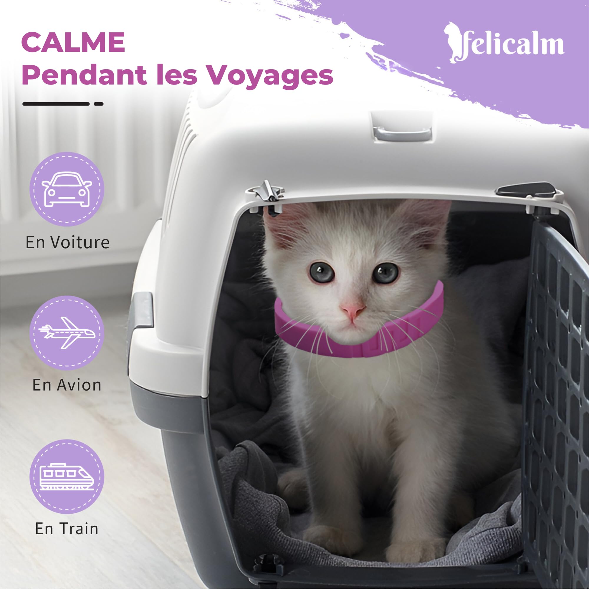 Félicalm Paris/Colliers à la VALERIANE+ PHEROMONE/Anti-Stress pour Chat et Chaton/PHEROMONE féline+ VALERIANE +Camomille+Lavande/ 2 Colliers Actifs 60 Jours