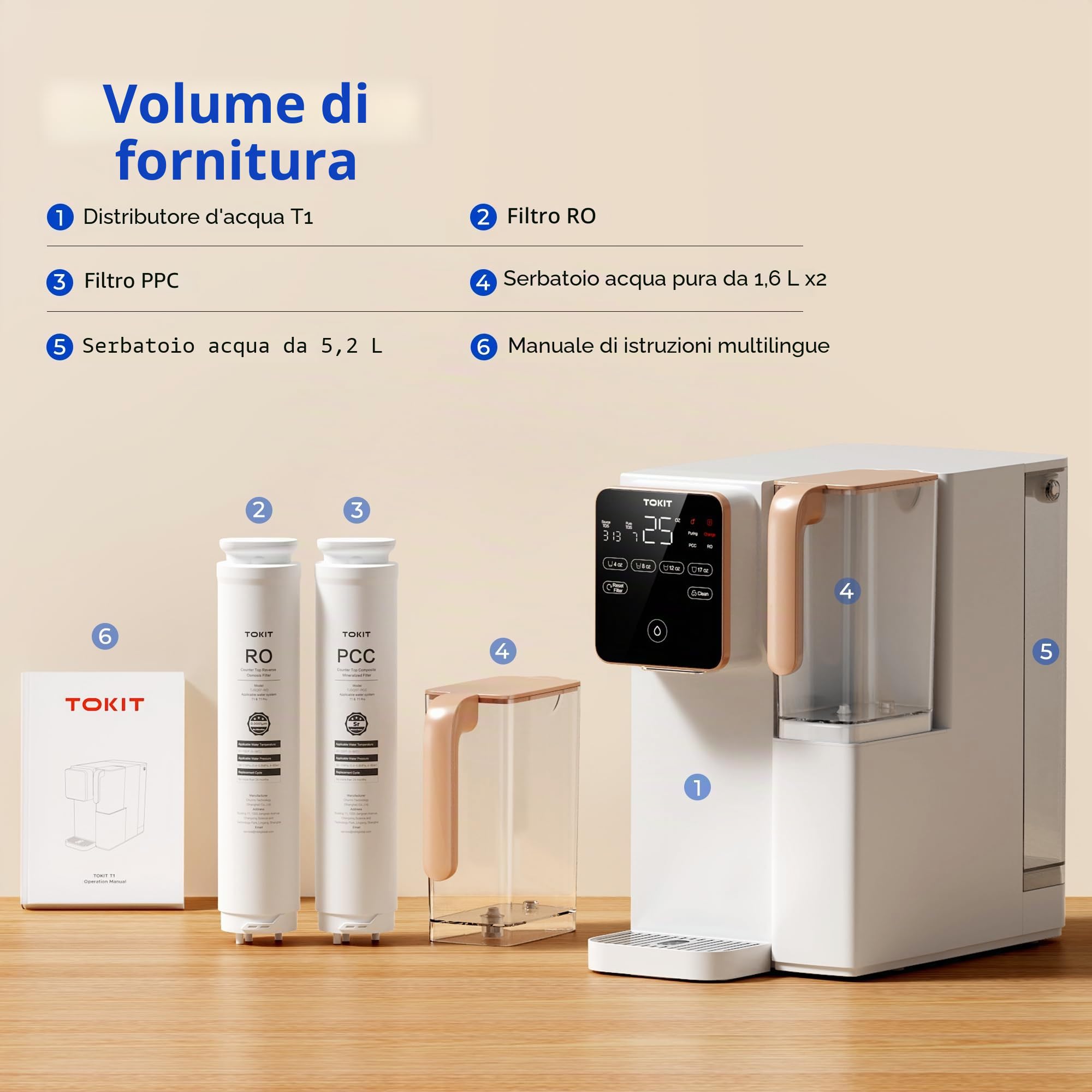 TOKIT T1 Sistema di Osmosi Inversa | Purificatore d'Acqua da Banco con Schermo Touch e Monitoraggio TDS | Filtrazione 9 Stadi ad Alta Precisione | Rapporto Purezza 3:1 | Certificato CE & EMC