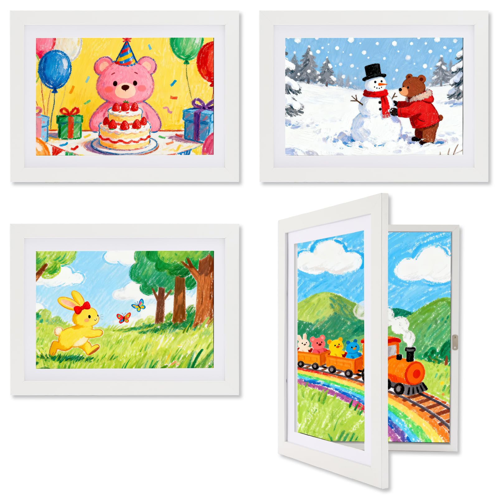 Kromapolis 4 Piece White Picture Frames for Children's Drawings A4 Eco-friendly MDF Material, A4 Kids Art Photo Collage Frames