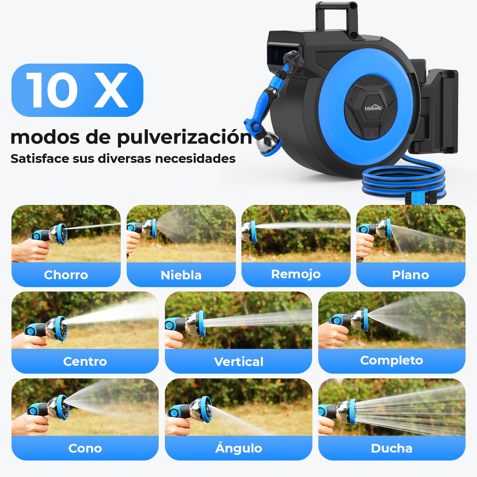 Himimi Carrete Manguera Jardín Retráctil 30+2m Pared Automático, Carrete Auto-Rewind con Pistola Riego 10 Funciones, Giratorio 180° para Limpieza Fácil & Riego Exterior