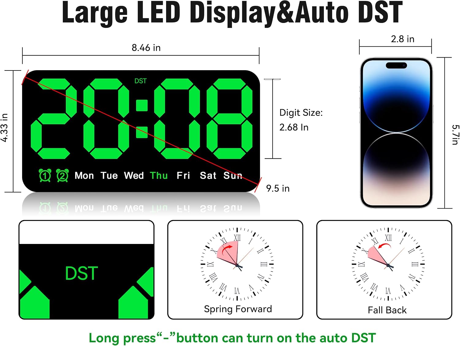 9.5 Inch Large Digital Wall Clock with LED Display, Auto DST, Dual Alarm with Snooze, Adjustable Brightness, Temperature & Date Display, Wall Mount or Desk Clock for Bedroom, Living Room, Office-Green