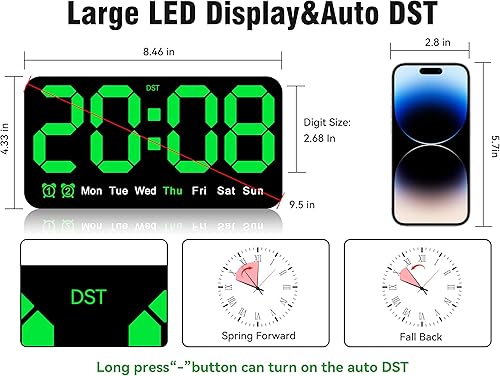 Miniatura 8 de Triangle Plum Reloj de pared digital grande, 9.5 pulgadas, despertador LED con dígitos grandes, DST, alarma doble, brillo de 3 niveles para sala de