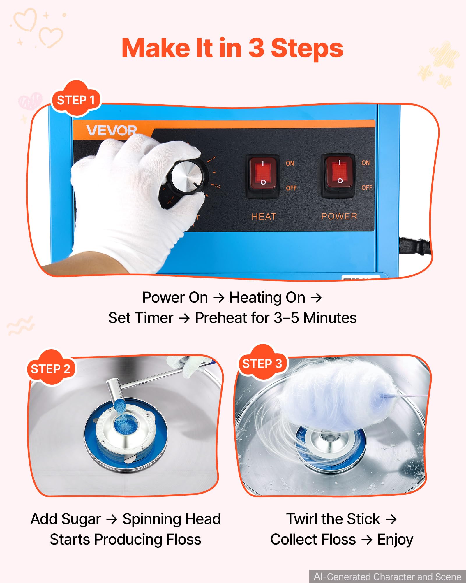 VEVOR Machine à Barbe à Papa Professionnelle, 1000 W, De Comptoir, Bleue