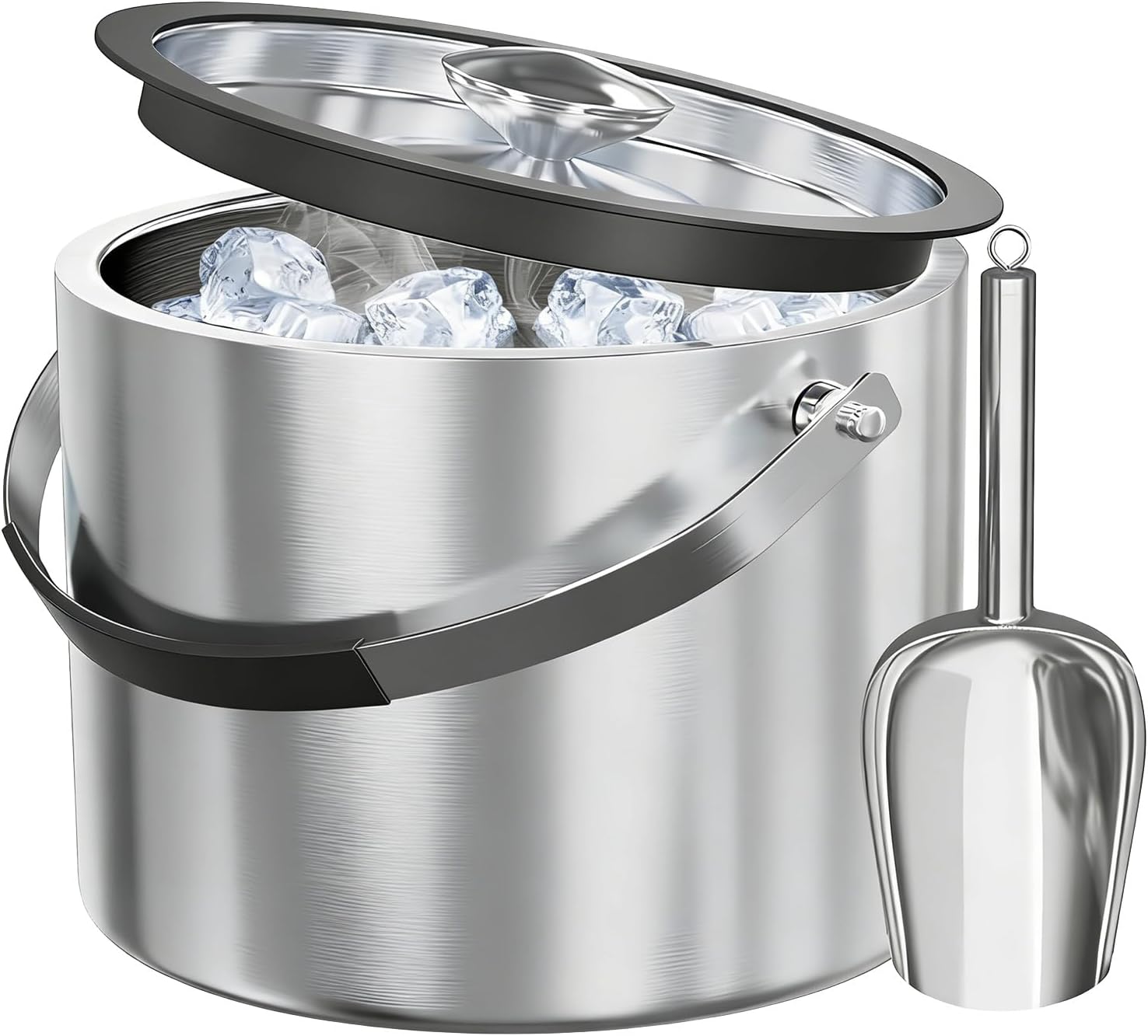 3.0L 304 Stainless Steel Double-Layer Ice Bucket with Silicone Lid, Ice Scoop & Silicone Handle Cover, Silver, 18×18×18cm, Stainless Steel Ice Bucket for Home, Party, Bar
