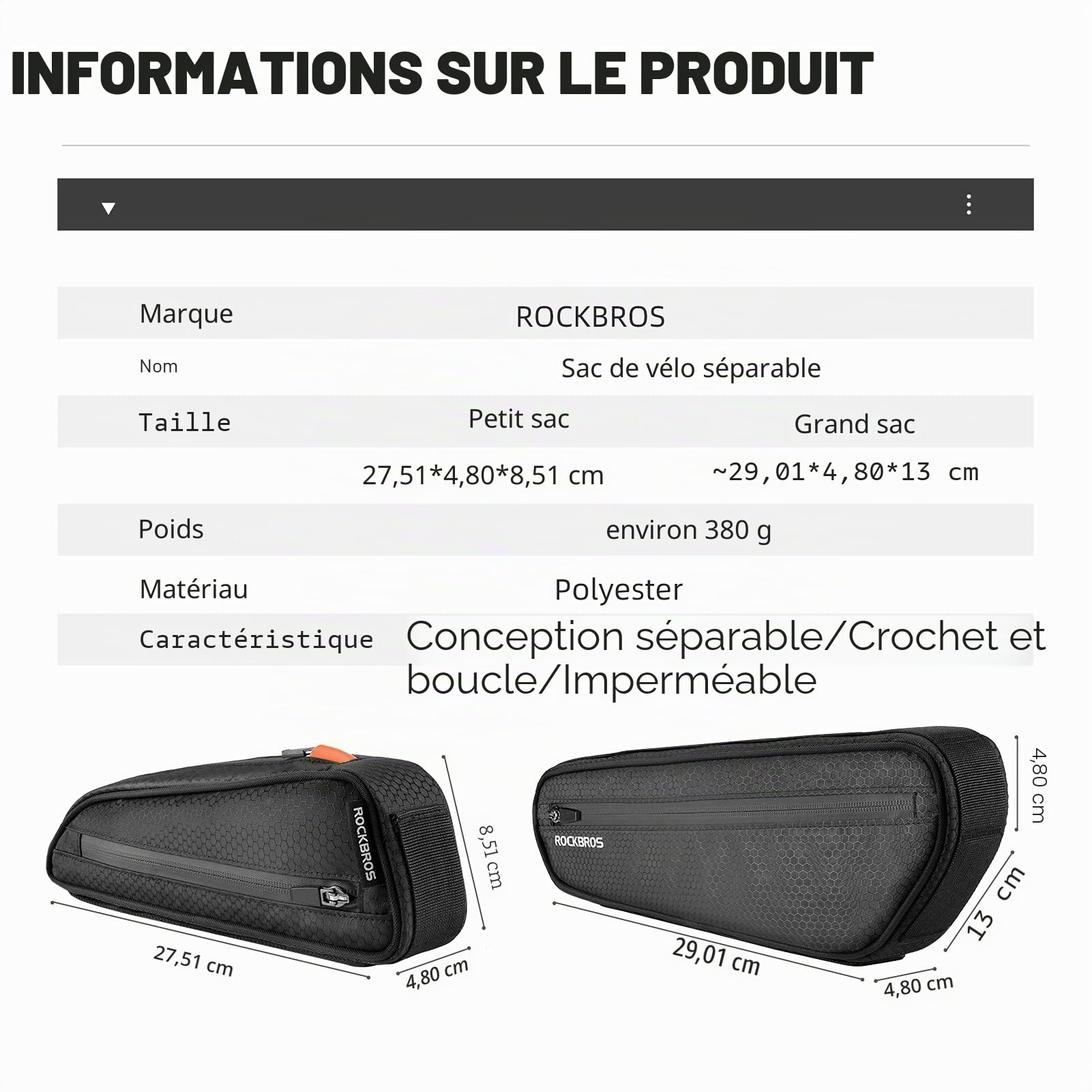 ROCKBROS Sacoche de Vélo Cadre 2.5L, 2 en 1 Sac de Selle de Vélo | Sac Triangulaire Détachable pour VTT Vélo Course E-Bikes