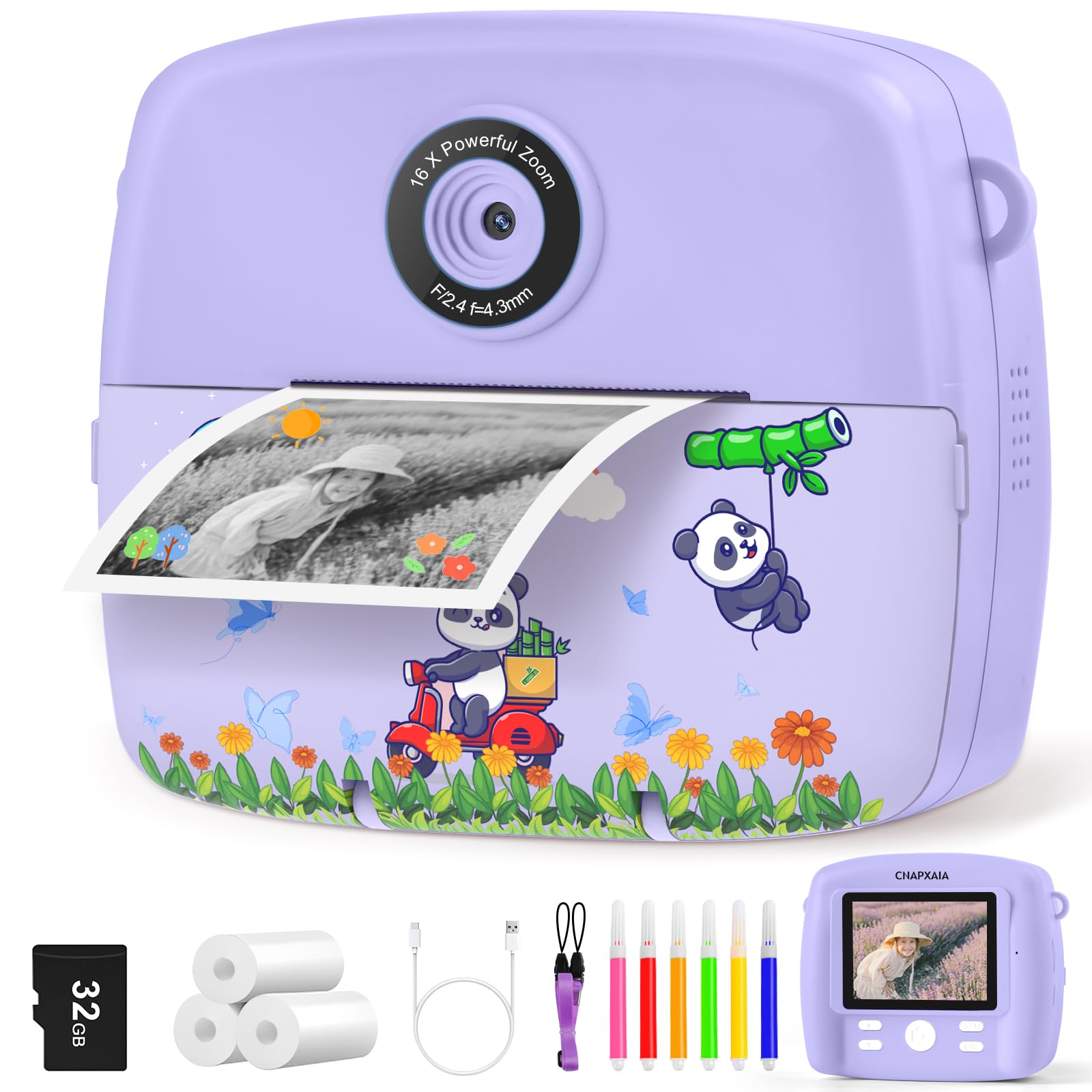 Appareil Photo Instantané Pour Enfants CNAPXAIA – écran 2,4, Vidéo 1080P, Impression Sans Encre, Carte 32 Go Incluse, Cadeau Filles/garçons 3-12 Ans (bleu) Vidéo 1080P Filtre Zoom
