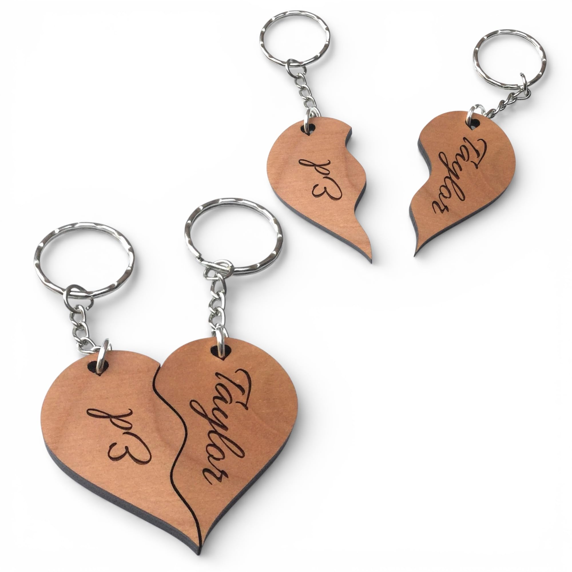 Rutherfords Gifts Unisex Brown Personalised Joining Heart Wooden Keyrings For Couples – Engraved Names Romantic Gift For Valentine’s Day, Anniversary & Love Keepsake