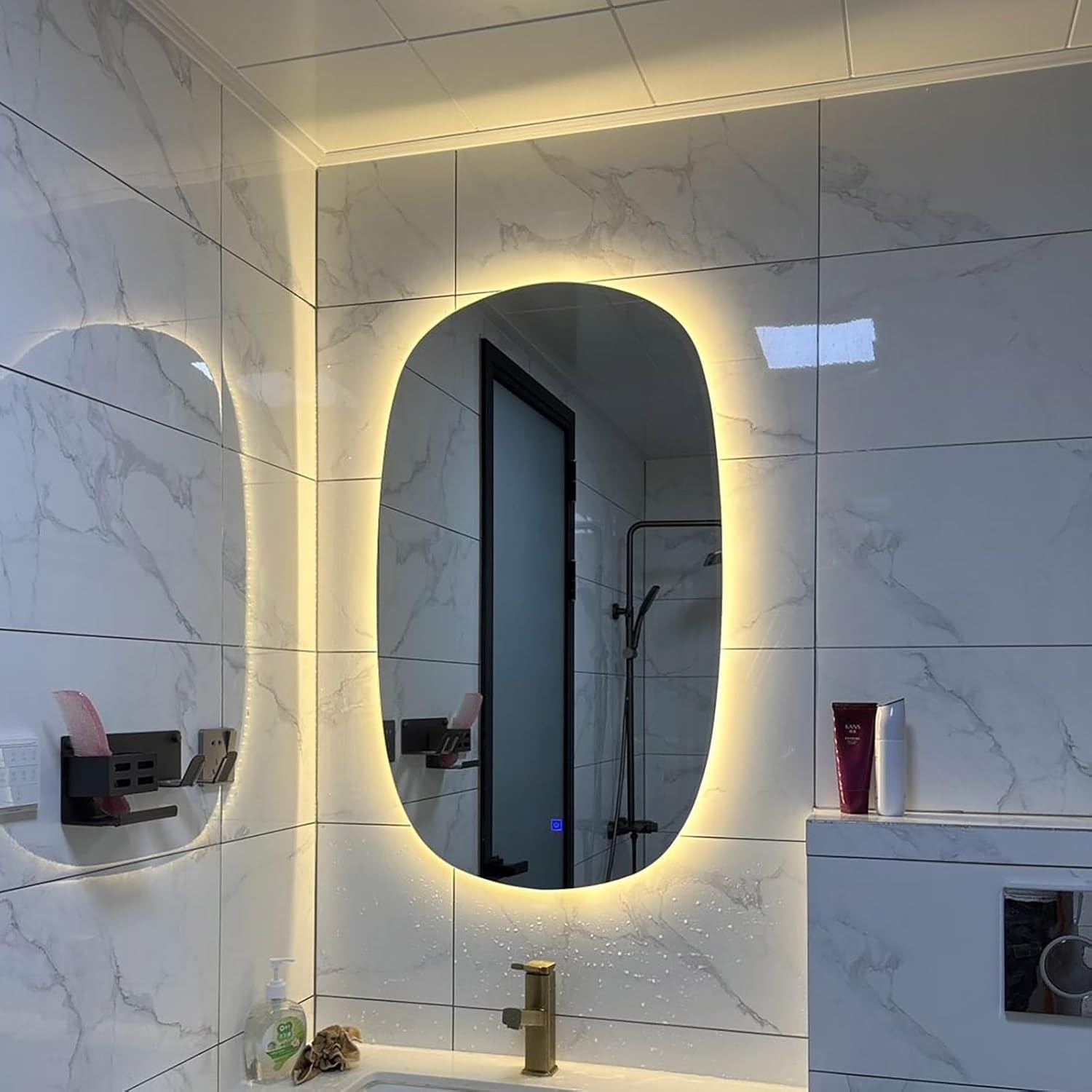 壁掛け用LEDバスルームミラー、バックライト付き化粧鏡、フレームレス調節可能調光照明3色、化粧台または寝室用