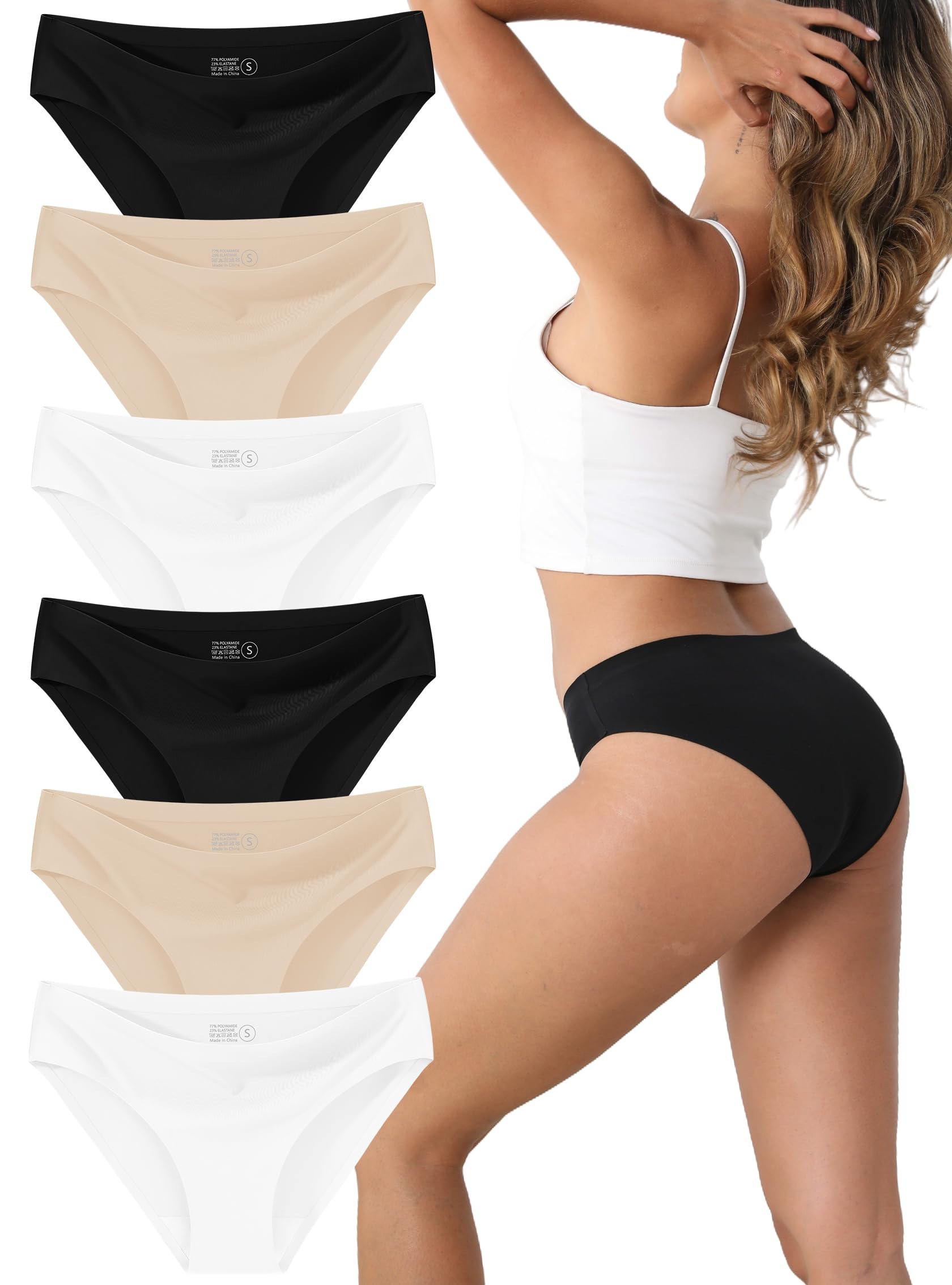 Seamless Underwear for Women - 6-Pack (2 Black, 2 Nude, 2 White) - No Visible Panty Lines, Breathable Ladies Panties, Size M