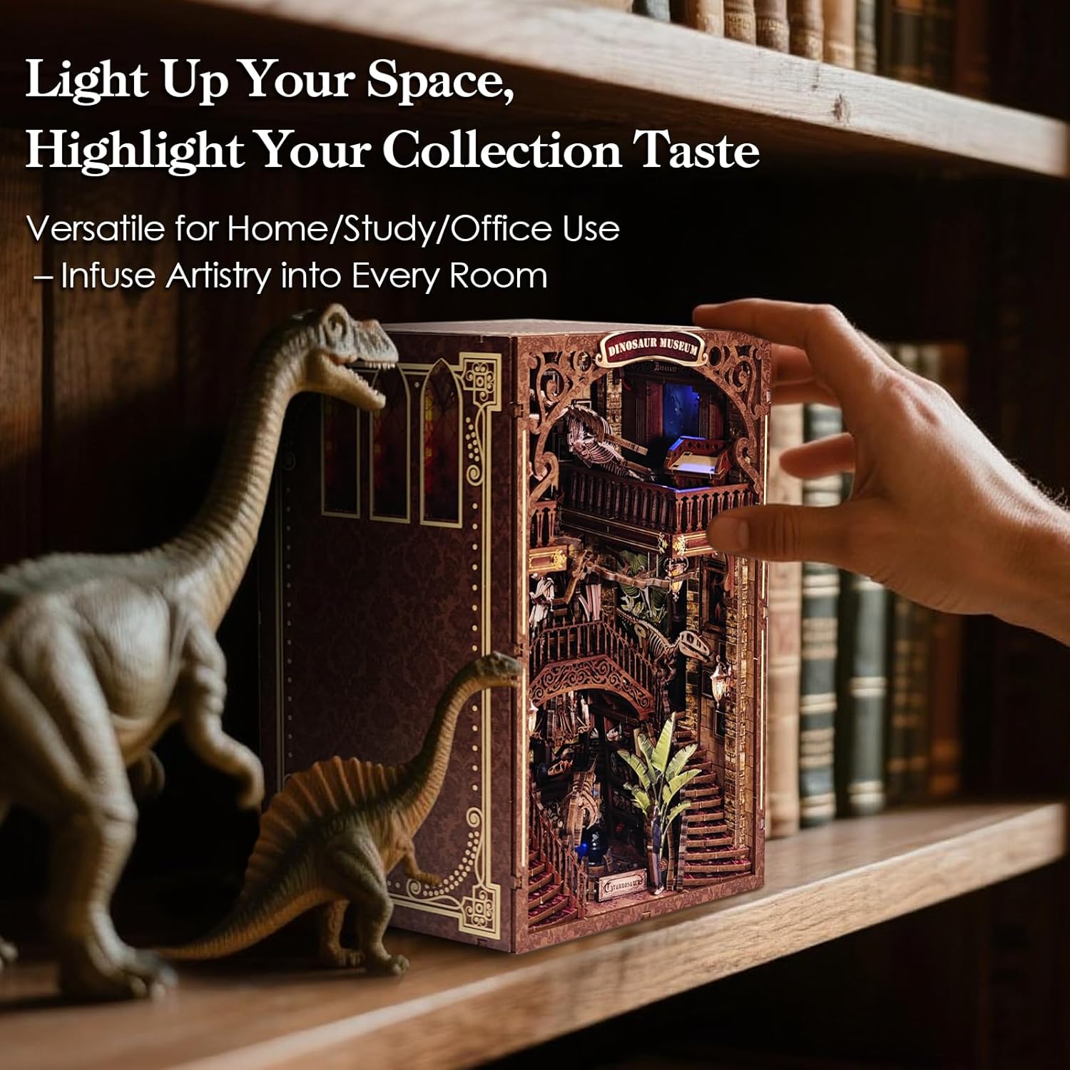 [2026 New] Dinosaur Museum Book Nook Kit with Dust Cover & LED Light, DIY Miniature House Kit Toy, 3D Wooden Puzzle Bookshelf Decor Building Kit, Birthday Gifts for Family & Friends