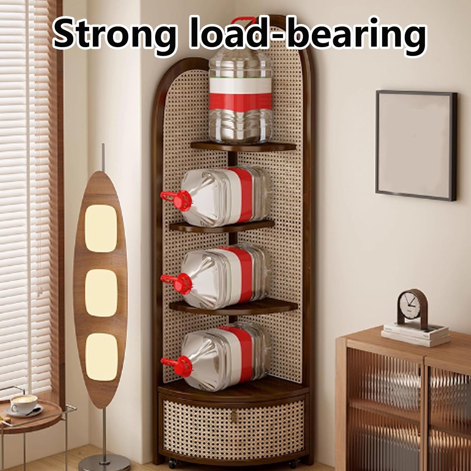 5-Tier Corner Shelf, Multi-Functional Rattan Triangle Bookshelf with Storage Basket, Solid Wood Floor Standing Cabinet for Living Room, Bedroom, Office(Natural)