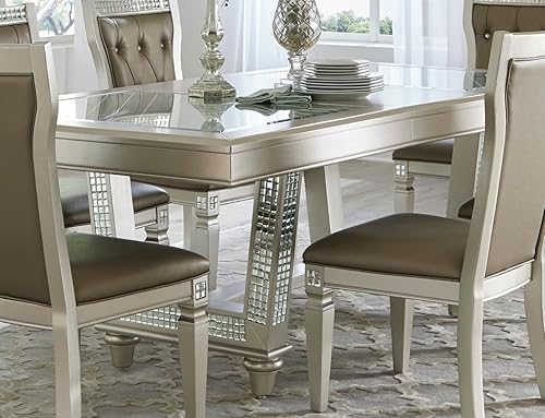 Miniatura 2 de Juego de mesa de comedor tradicional con acabado champán de 7 piezas con inserto de cristal 6 sillas laterales copetudas con respaldo copetudo