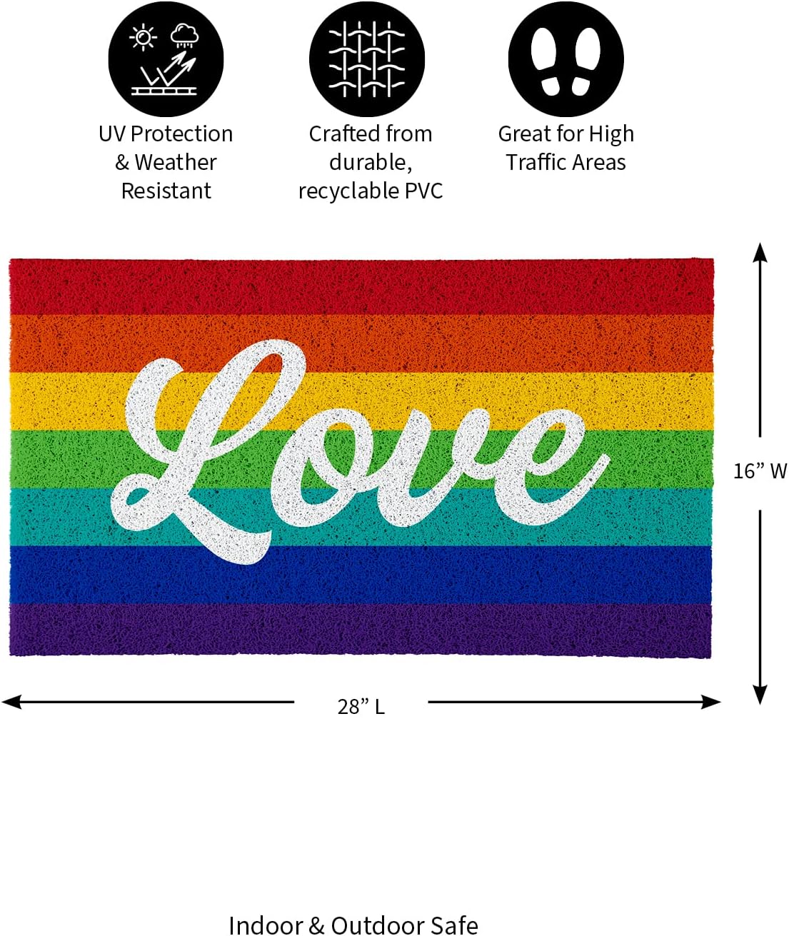 Evergreen Flag Love Pride Rainbow Doormat | Indoor and Outdoor Entryway | 28 x 16 Inches | Non Slip Back | Welcome Floor Mats | Muddy Dog Paws | Front Door Entrance Home Decor