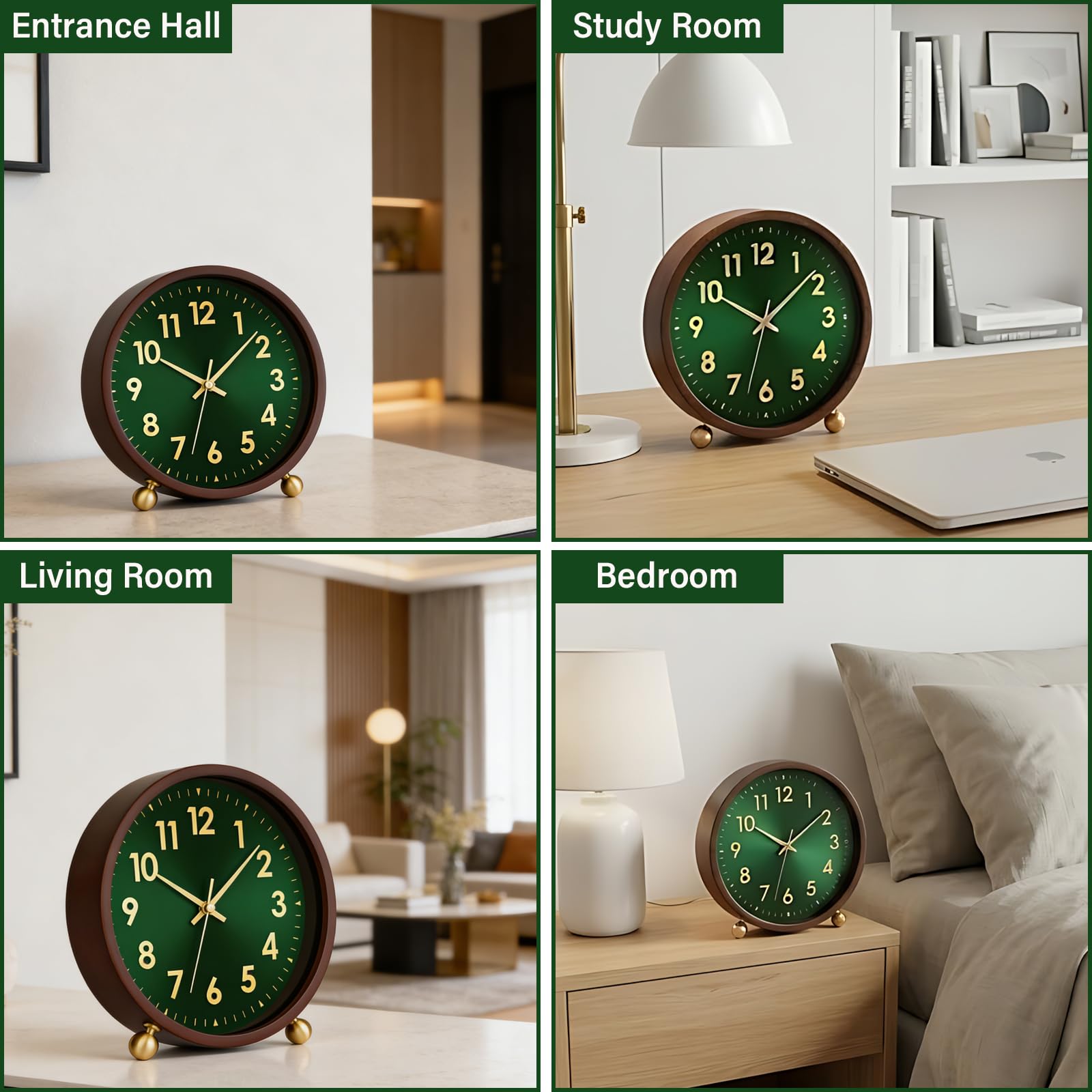 Maxspace Tischuhr aus Holz, 20,3 cm, leise, nicht tickende Schreibtischuhr mit goldfarbenem Kugelsockel, batteriebetriebene analoge Desktop-Uhr für Wohnzimmer, Büro, Schlafzimmer, Dekor (Grün-Gold