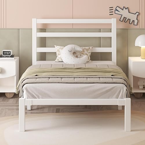 Miniatura 3 de Marco de cama de tamaño individual, marco de cama de plataforma de metal con cabecero, gran almacenamiento debajo de la cama, soporte de listones de