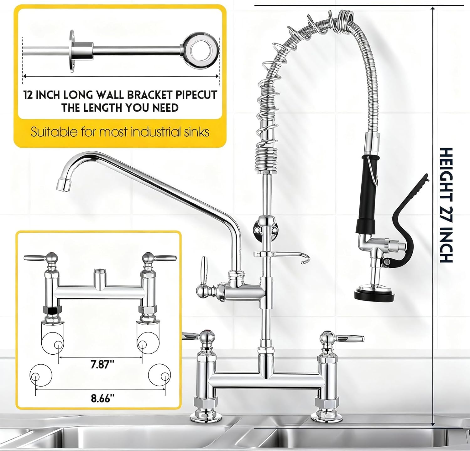 Commercial Sink Faucet, Deck Mount Commercial Kitchen Faucet with 12” Swing Spout, 27" Height for Restaurant Kitchen, Industrial, Utility Sink, 3 Compartment Sink with Pre Rinse Sprayer