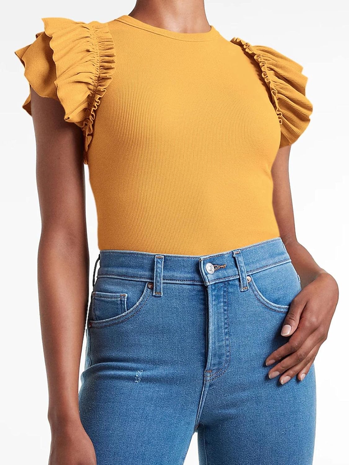 Womens Ruffle Short Sleeve Shirts Slim Fit High Neck Knit Ribbed Tops - Image 2