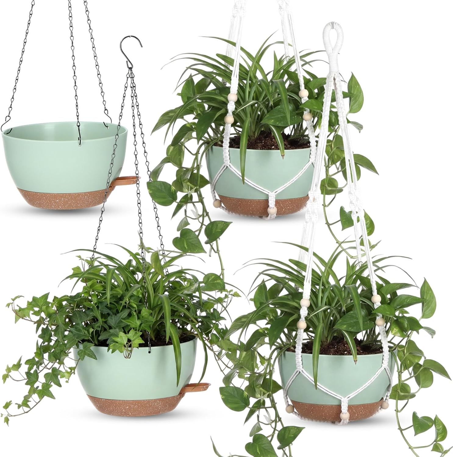 Sliner Set of 4-10 Inch Self Watering Hanging Planters Includes Hanging Pots and Outdoor Hanger Plant Pots with Drainage Holes 2 Types of Hanger Basket Hooks for Patio Garden(Green Brown)