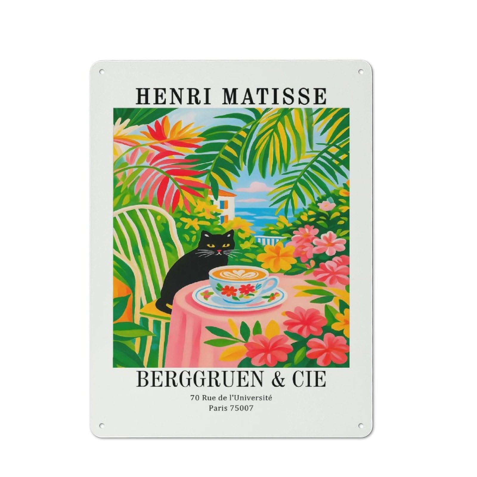 Junmoney Style-1 Vintage Tin Sign 40X30cm With Henri Matisse Cat And Coffee Painting For Hobby Room Or Studio, A Decorative Christmas Gift For Hobby Room Decor Fans