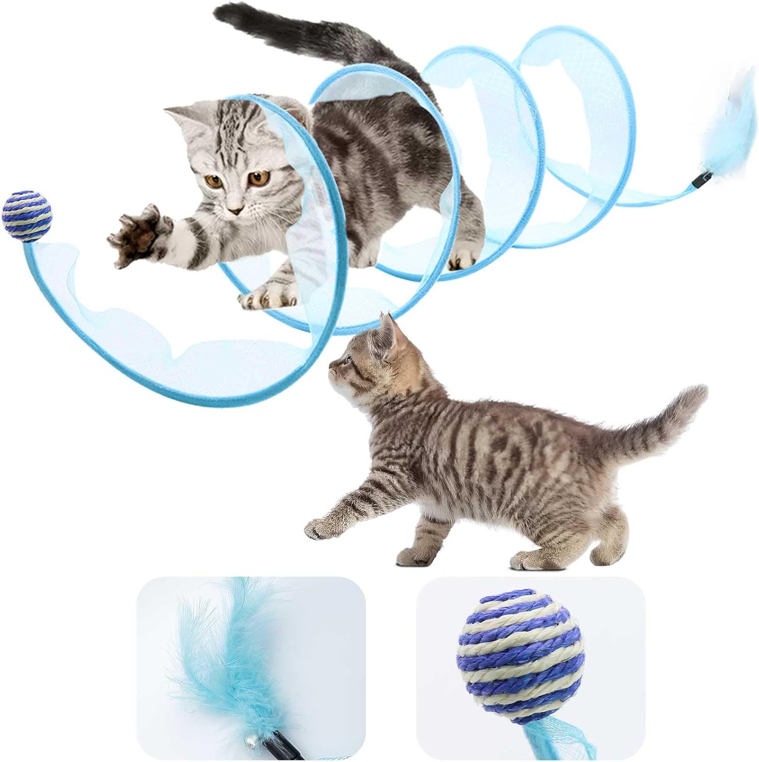 Cat Tunnel, Folded Cat Tunnel Toy 1PCS, Blue Sisal Hemp Ball Tube Cat Springs for Indoor with Feather, Mouse Toys Interactive Cat Toy Tunnel Self-Happy Cat Toys, S-Type Collapsible Tent