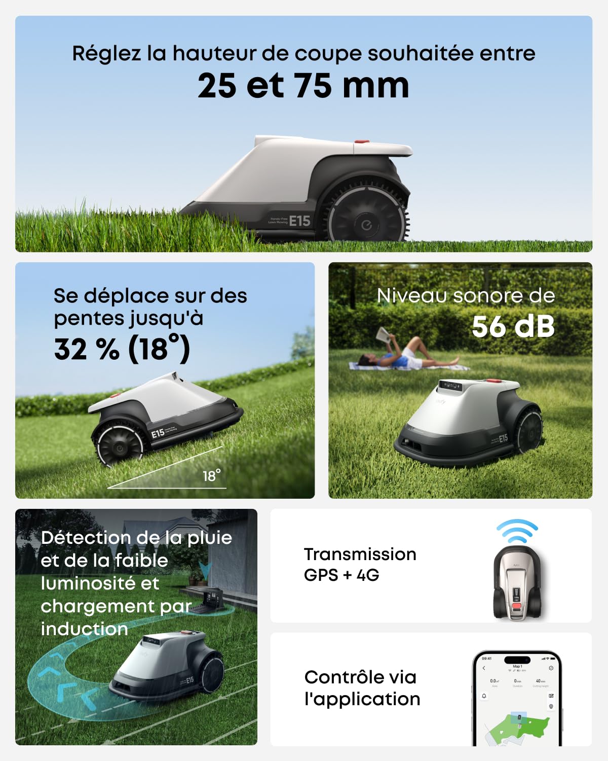 eufy E15 Robot Tondeuse sans Fil périphérique ni RTK, sans problème de Signal, Configuration 5 Min, cartographie Mains Libres, 800 m2, contournement Obstacles, Bordures, Navigation Intelligente