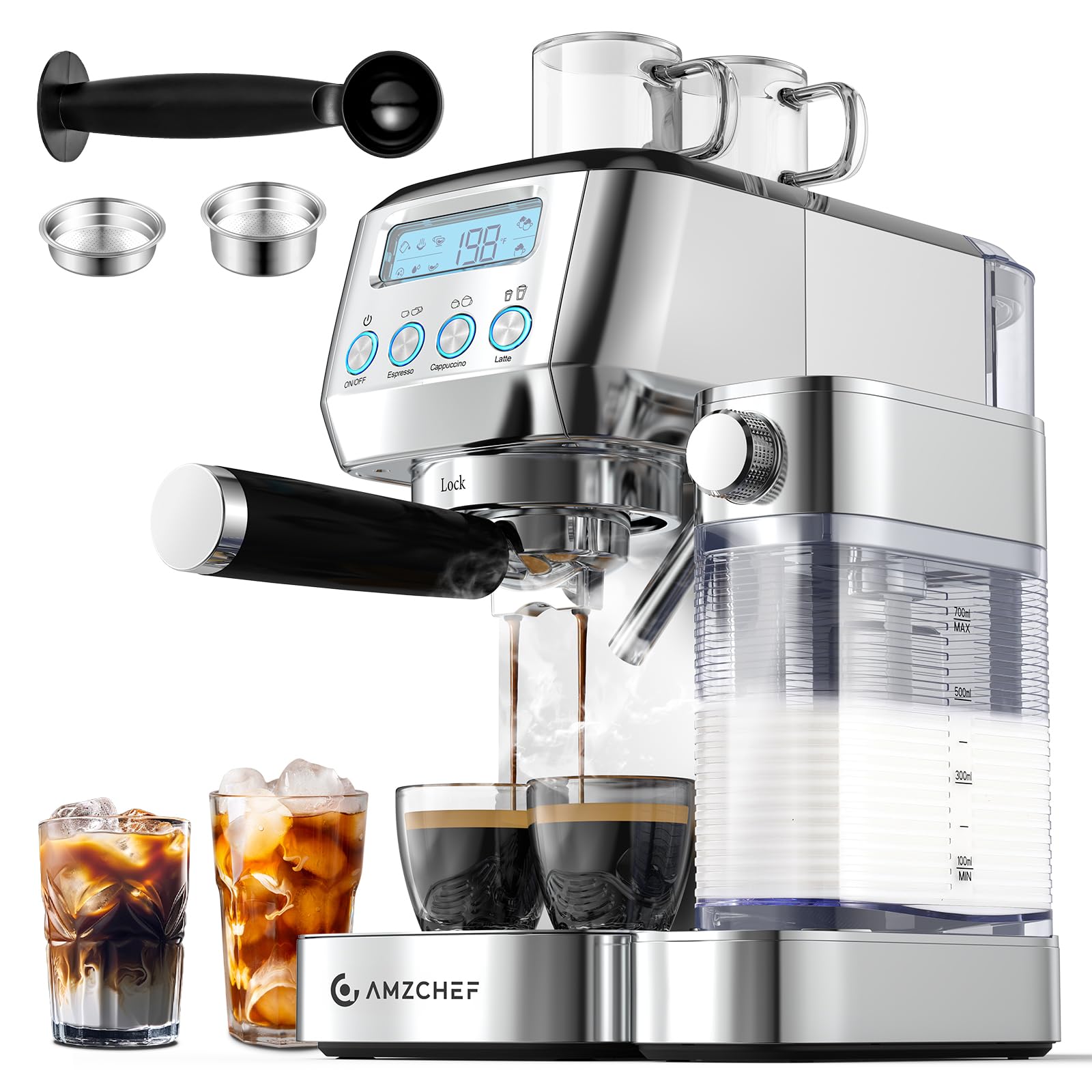AMZCHEF Espresso Machine with LCD Display, 20 Bar Cappuccino Machines with Automatic Milk Frother for Home Gifts, Latte Coffee Maker with Dual Wall & Filters, Stainless Steel Sliver
