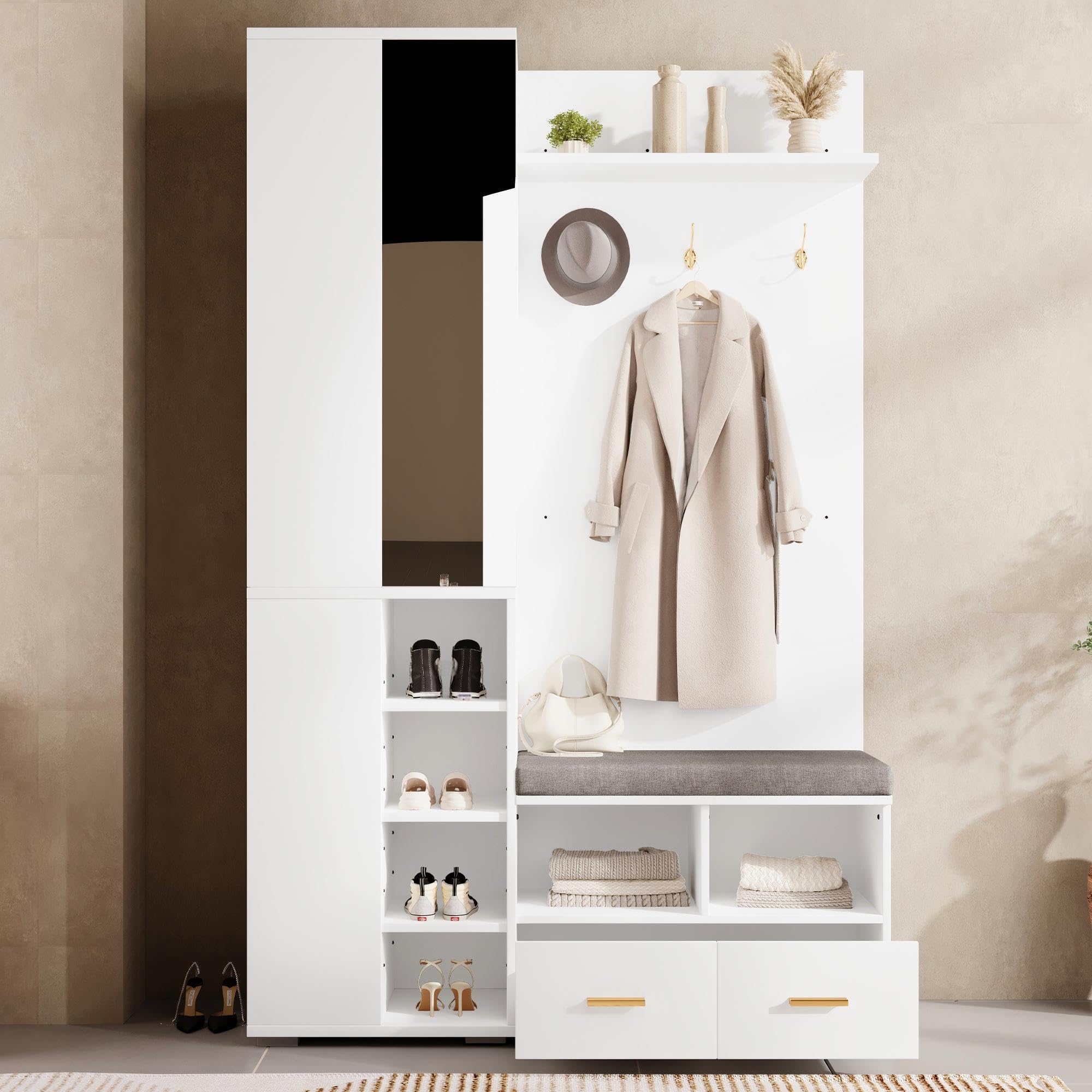 Juego de Perchero Pared con Espejo y 2 Cajones, Mueble Recibidor con Barra de Ropa y Estante Abierto, Conjunto de Perchero Entrada Recibidor, Banco y Dispositivo Antivuelco, 120x35x190 cm,Blanco