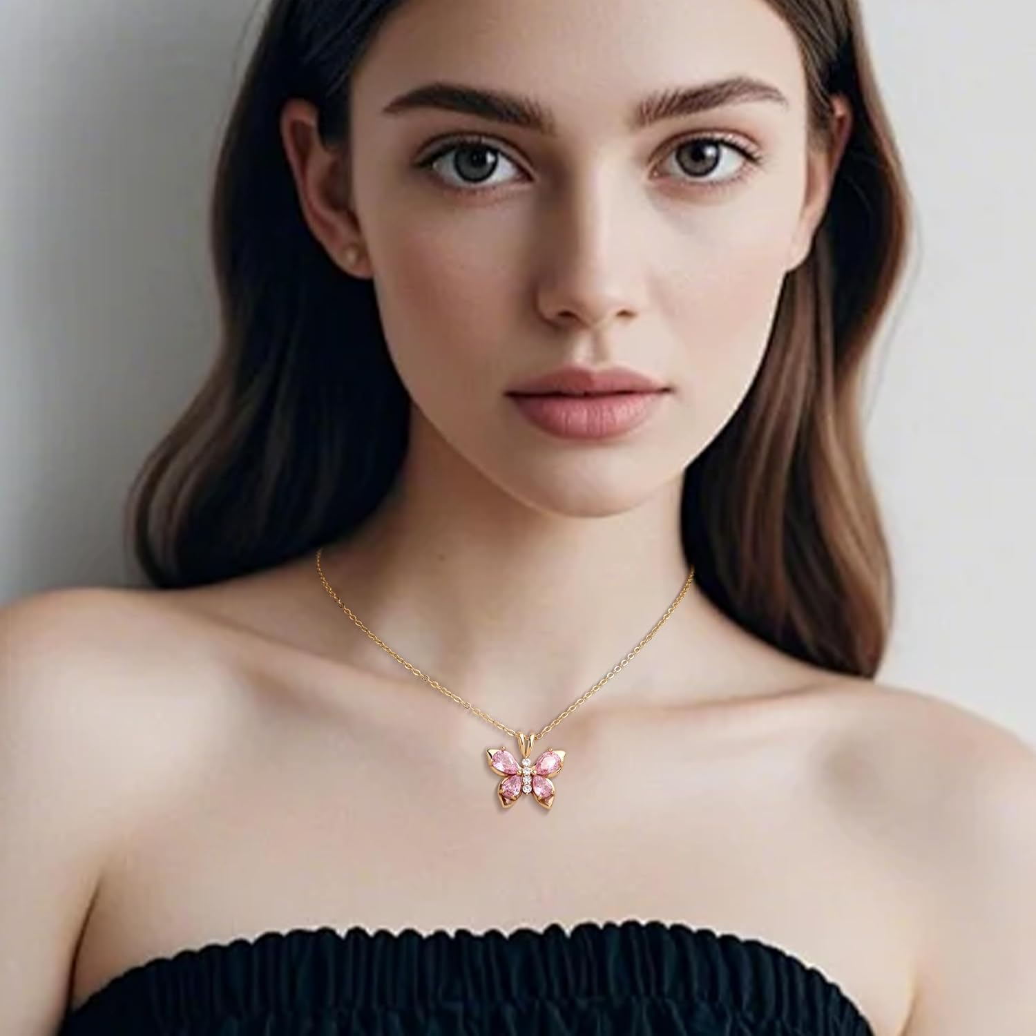 Gold Rhinestone Butterfly Pendant Necklace for Women, Dainty Crystal Choker Necklaces Prom Wedding Holiday Fashion Jewelry Gift. - Image 2