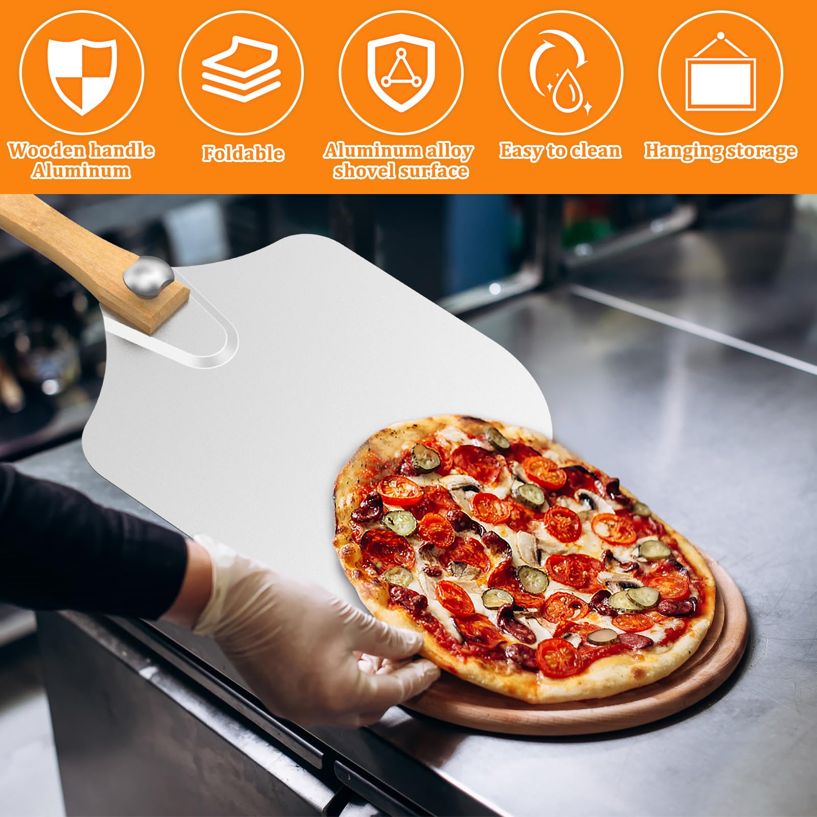 Tcwhniev Pizza Peel Pizza Pack, Aluminum Alloy Pizza Paddle for Oven Enduring Pizza Peel with Wood Handle, Easy to Store Pizza Pack for Pastry Dough Bread
