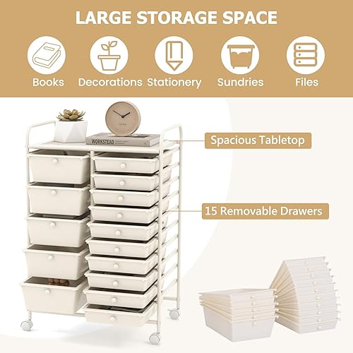 Miniatura 4 de RELAX4LIFE Carritos de almacenamiento de 15 cajones, carrito móvil con ruedas, organizador de manualidades para organización y almacenamiento en el