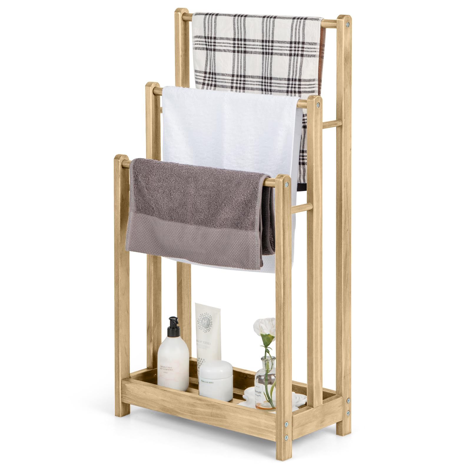 COSTWAY Freestanding Towel Rack, Solid Wood Towel Holder Drying Stand with 3 Towel Rails and Storage Shelf, Bathroom Accessory Organizer for Bath & Hand Towels, 45x22x86cm (Pine Wood, Natural)