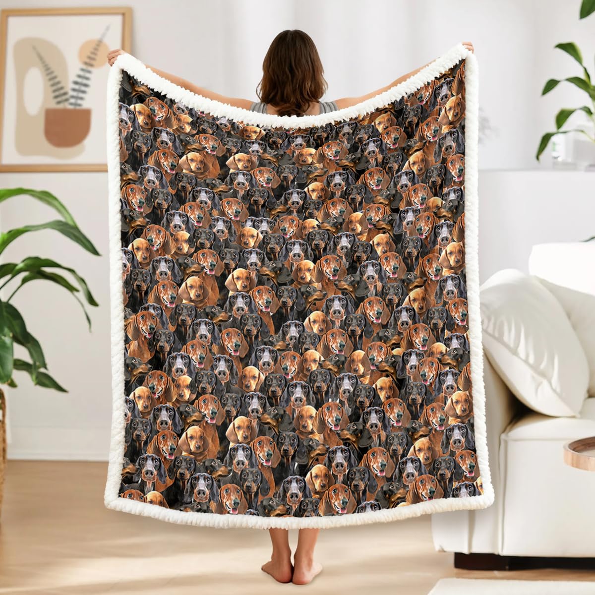 BlessLiving Fuzzy Dogs Blanket For Kids Adults Cute Puppy Fleece Blanket Reversible Animal Pattern Sherpa Throw Travel/Single (Dachshund,130x150cm)