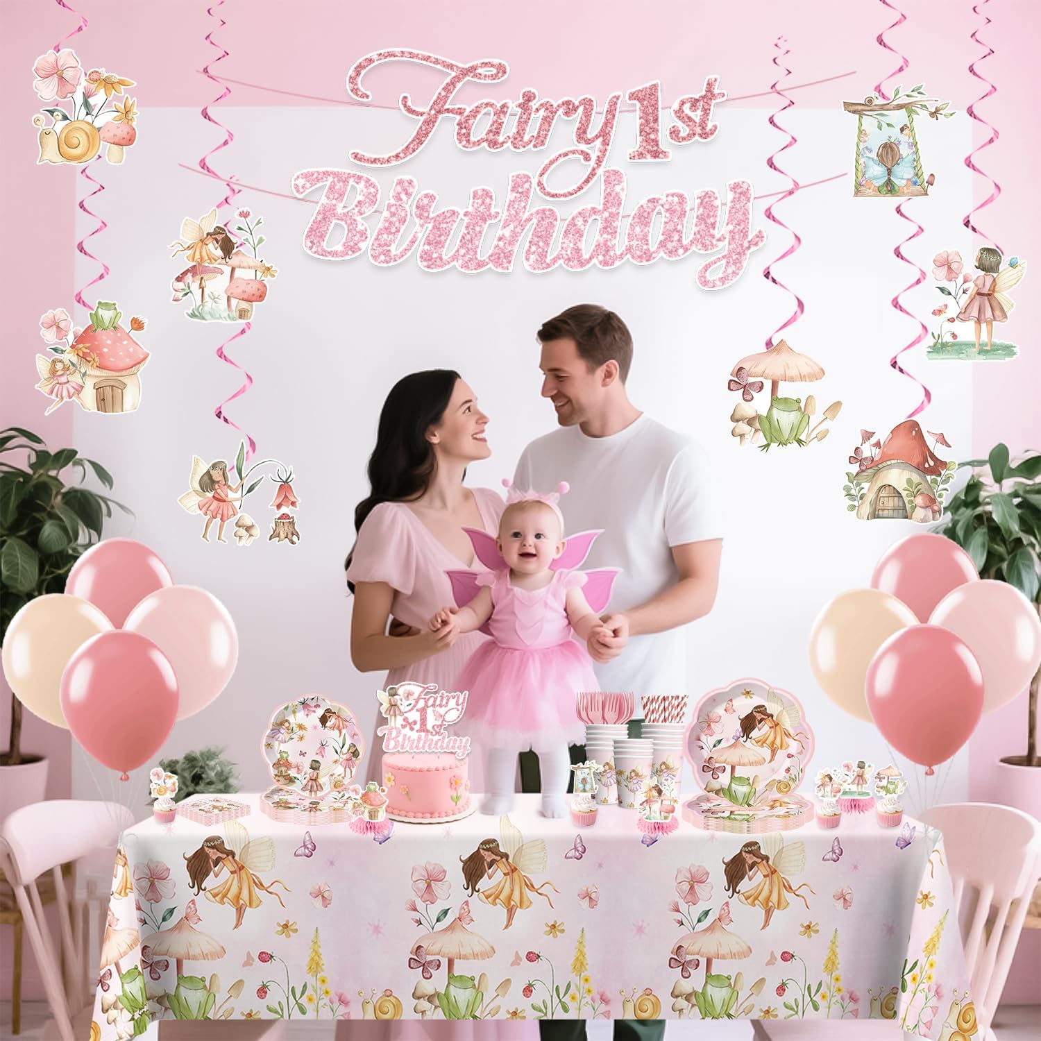 Xynic Fairy First Birthday Decorations, Fairy Party Plates and Napkins Set Fairy Banner Balloons Cake Cupcake Toppers Table Cloth Fairytale Garden 1st Birthday Decorations Girl Serve 50 Guests
