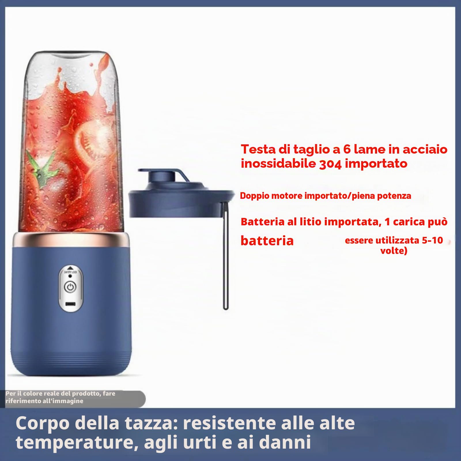 Frullatore portatile ricaricabile, 500 ml, senza BPA, tazza da viaggio con 6 lame, per casa, palestra, senza fili, a prova di perdite (blu/rosa) (blu (tazza singola + coperchio))