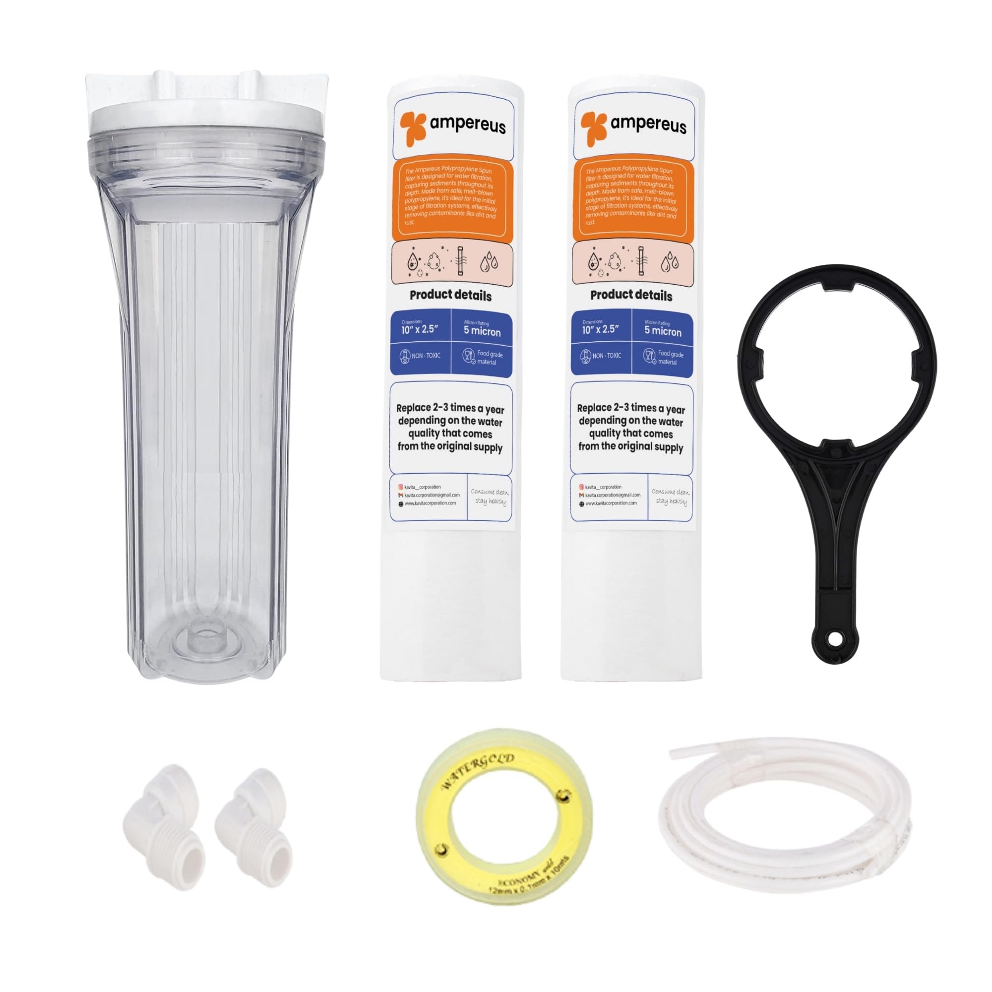 AMPEREUS Transparent Pre Filter Kit for All RO Water Purifier | Most Preferred for Multistory Building with 1/4 Size Elbow Connector, 1 PP Spun, 1 Spanner, 5 Meter Pipe and Teflon Tape (B01FFWR09Q) Amazon Price History, Amazon Price Tracker