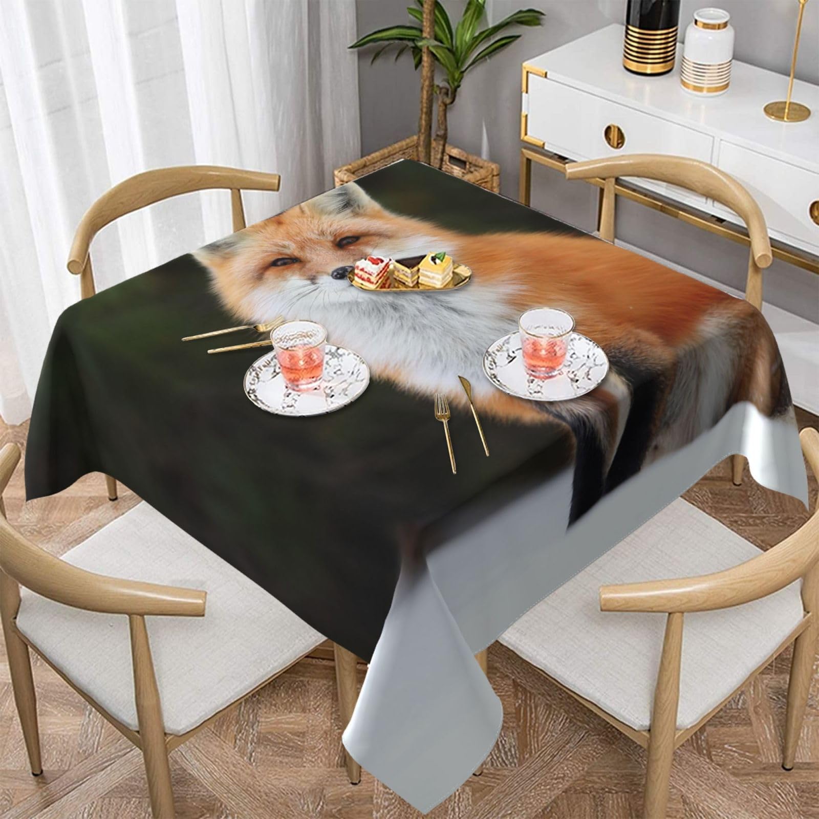 DCEHGEW Funny Fox Prints Square Tablecloth 152x152 CM, Waterproof Fabric Table Cloth for Dining Table, Farmhouse Table Cover for Kitchen Dining Tabletop Decoration