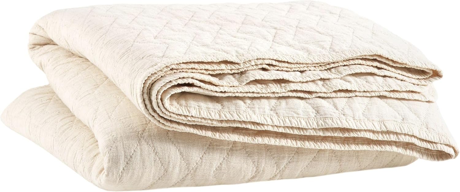 Pine Cone Hill Birdie Natural Quilted Coverlet, Full/Queen Size, Neutral Solid Pattern