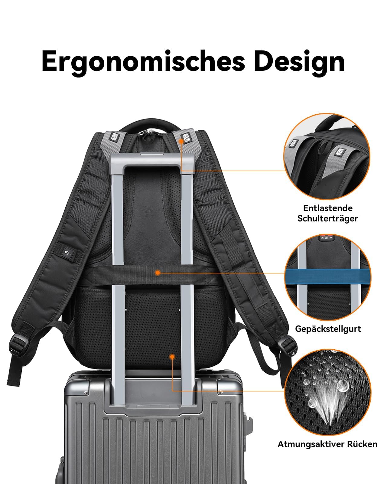 CROSSGEAR 17,3 Zoll Rucksack Herren mit Entlastenden Schultergurten, 30l Laptop Rucksack, Wasserdichter Laptoptasche mit YKK-Reißverschlüssen für Arbeit, Business, Reisen and Schule, Schwarz