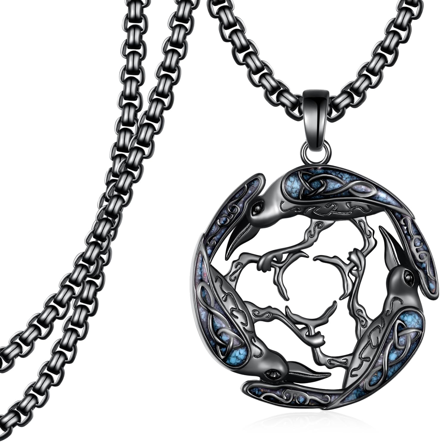 Raven Necklace 925 Sterling Silver Turquoise Raven Pendent Necklace Viking Jewelry Gifts for Men Women