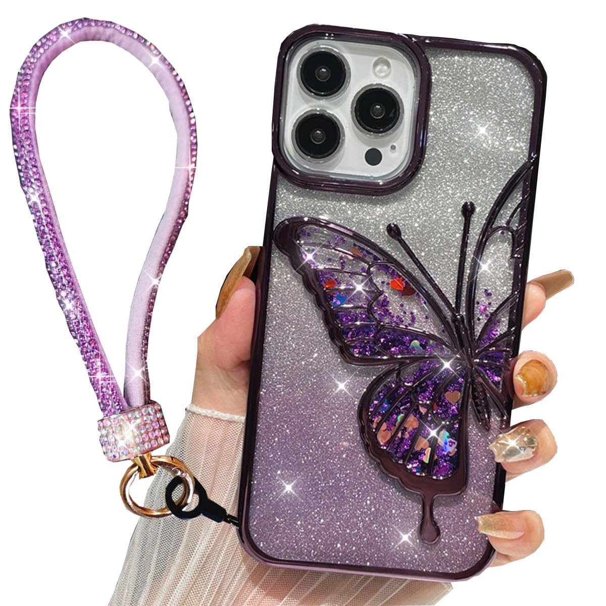 AuroiCCY for iPhone 16 Pro Max Case Cute Bling Glitter Girly Butterfly, Luxury Electroplate Flowing Liquid Aesthetic Women Cover with Bling Wrist Strap Lanyard for iPhone 16 Pro Max (Purple)