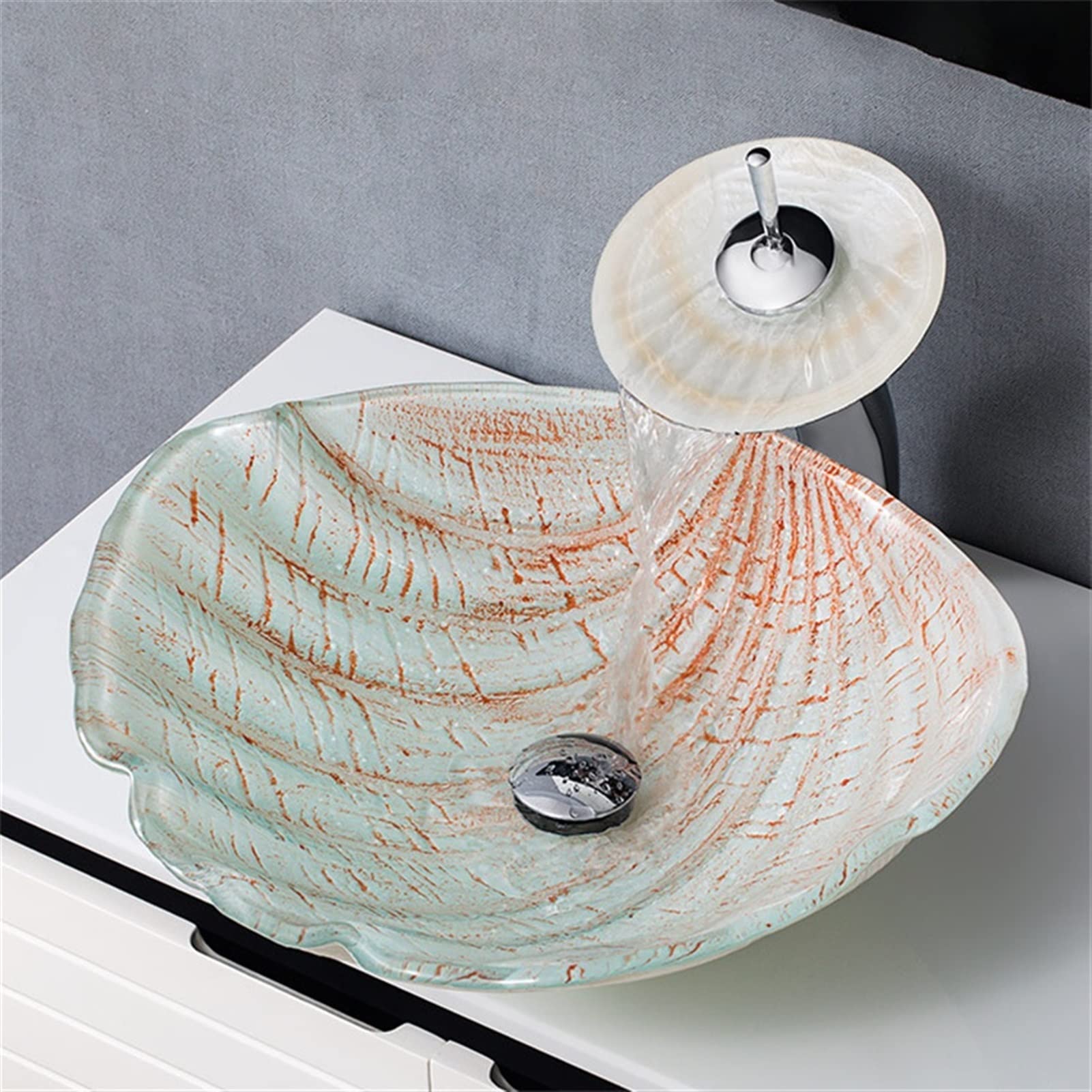 Aioneer Bathroom Sink Tempered Glass Vessel Sink Shell Shape Shaped Bathroom Vanity Sink With Waterfall Chrome Faucet Combo And Pop-Up Sink Drain Lavatory Vanity