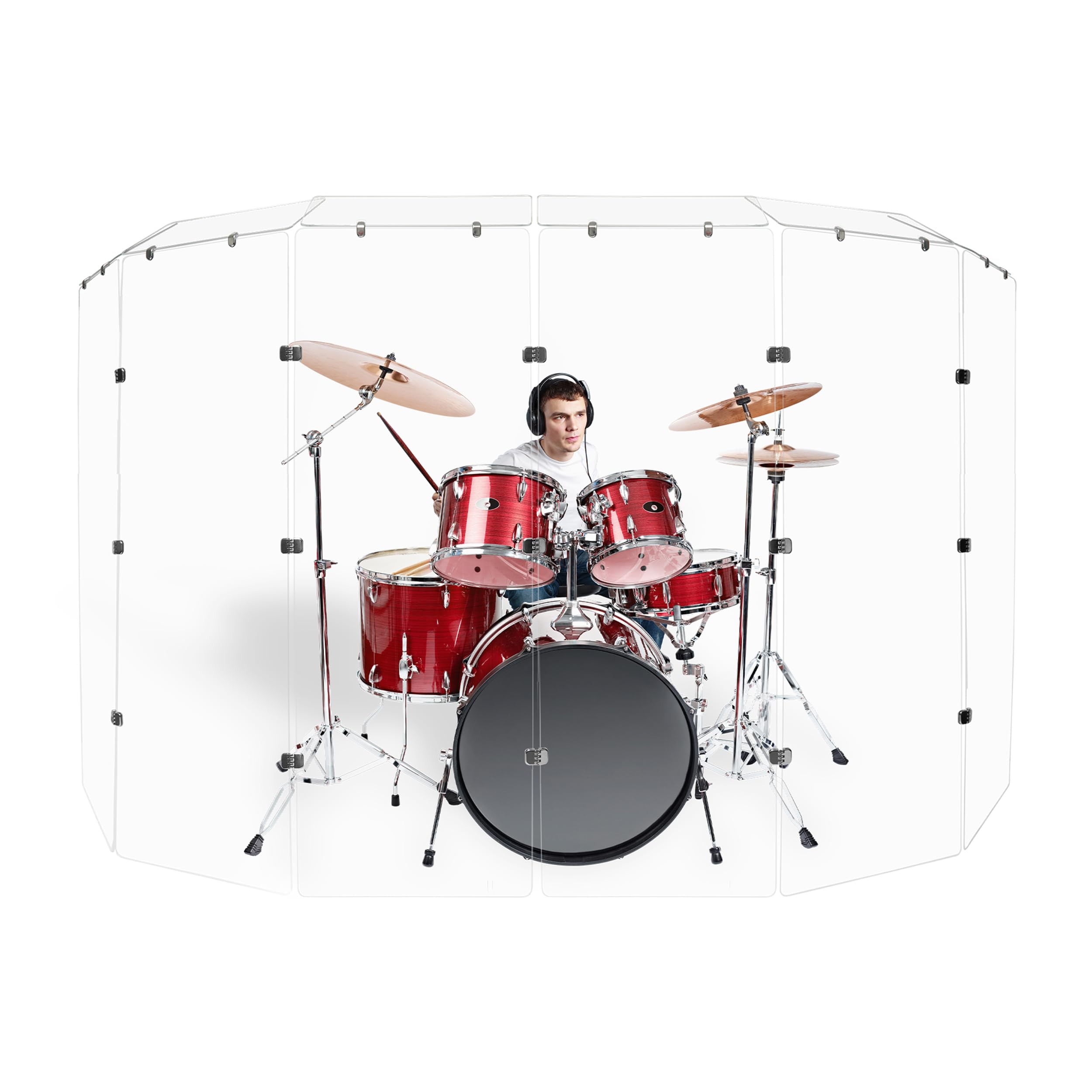 Drum Shield DS7D Chrome Hinges 6 panels Full 1/4" x 24" x 72" Crystal Clear Acrylic 6 Deflector Panels 12" x 24"