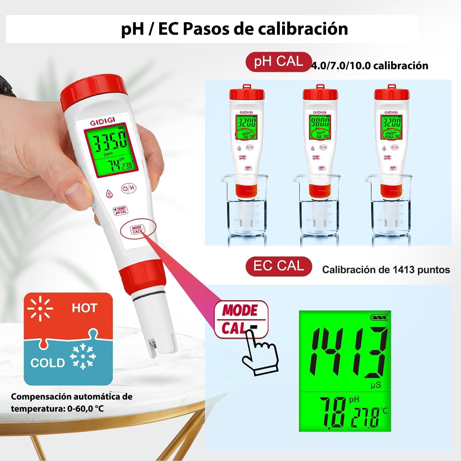 Medidor TDS pH EC 4 en 1 ph-metro para agua potable hidroponía acuario