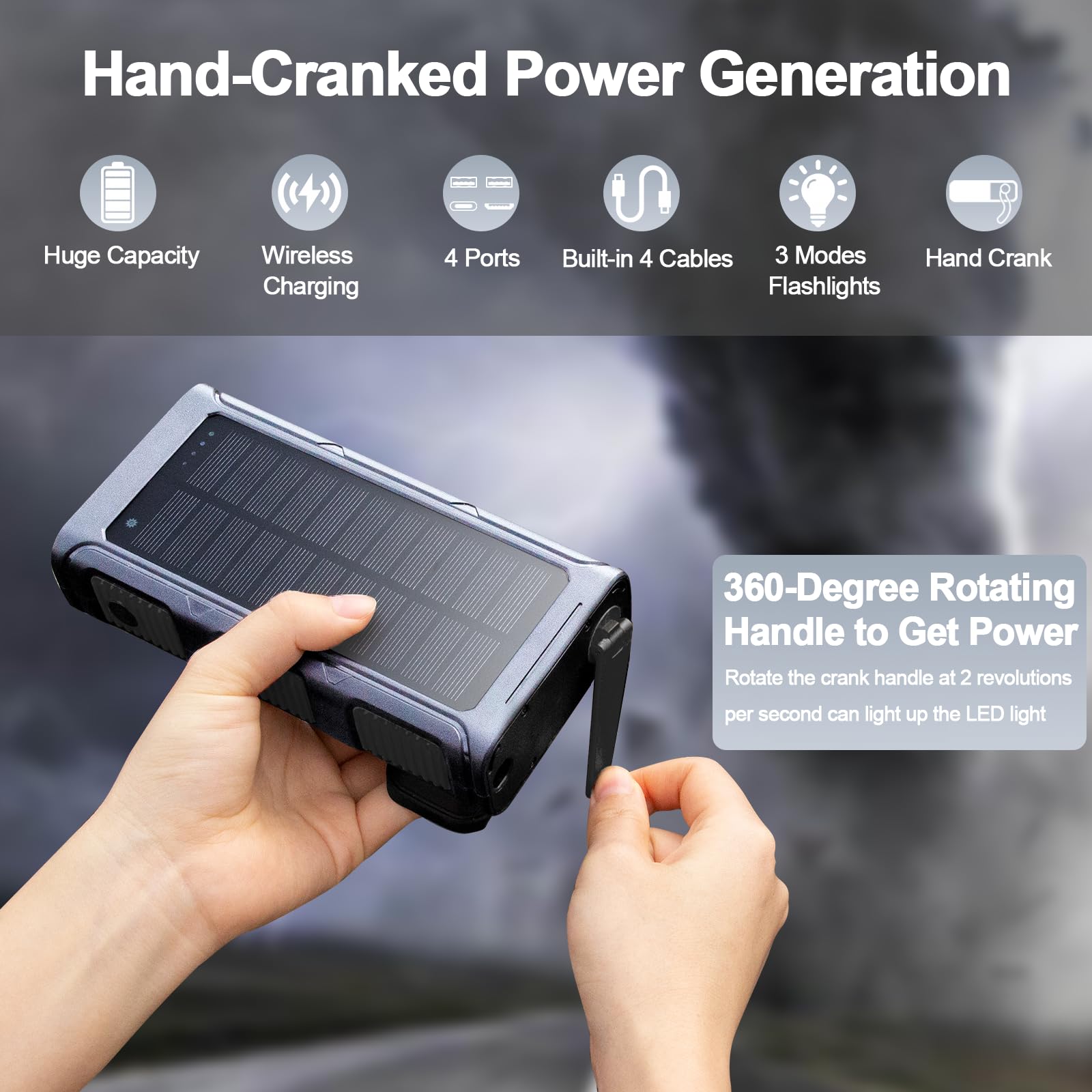 Power Bank Solare 26800mAh, Powerbank Wireless con Carica Solare, Manovella e 4 Cavi, Power Bank USB-C Ricarica Rapida 7 Uscite e 5 Ingressi per Telefono, Batteria Esterna Impermeabile per Campeggio