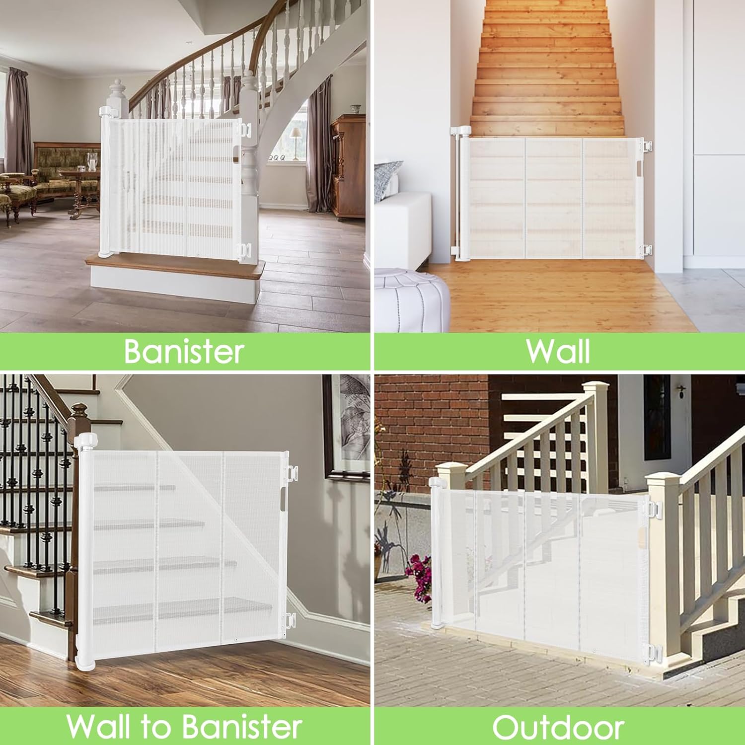 Reinforced Retractable Baby Gate for Stairs with Support Rods, Extends up to 55" Wide, Adjustable Latches Dog Gate for Stairway Mesh Pet Gate Banister to Wall Toddler Safety Gates (White)