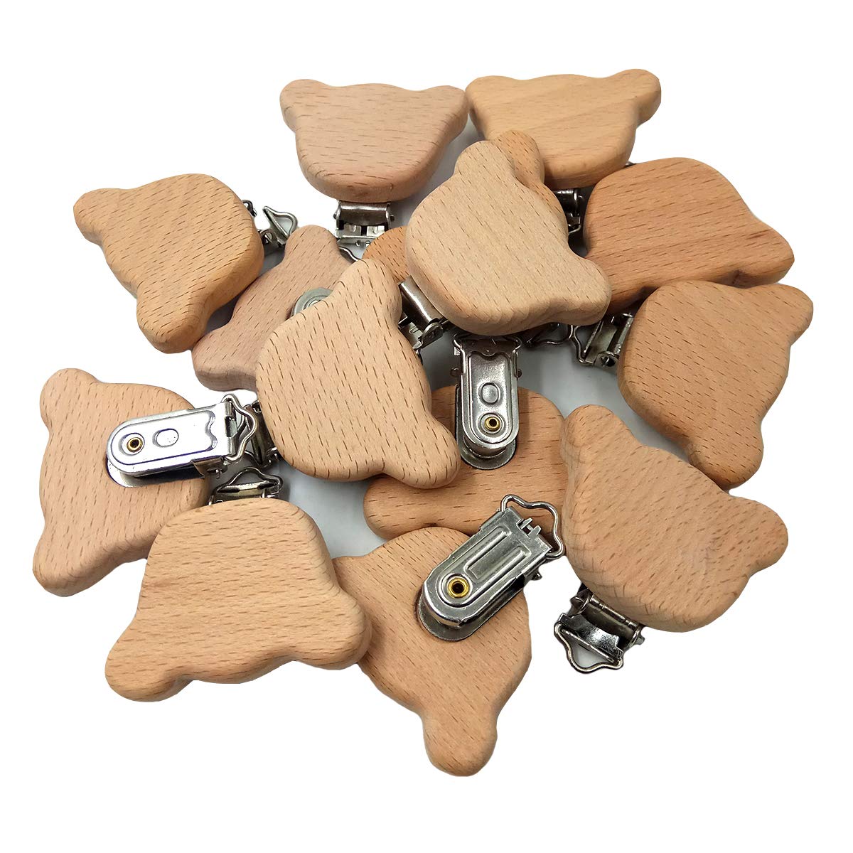 Arakierst 20pcs Natural Wood Suspender Pacifier Clips Cute Beech Wooden Animal Bear Shape Clips Charm DIY Beading Pacifier Chain Accessory