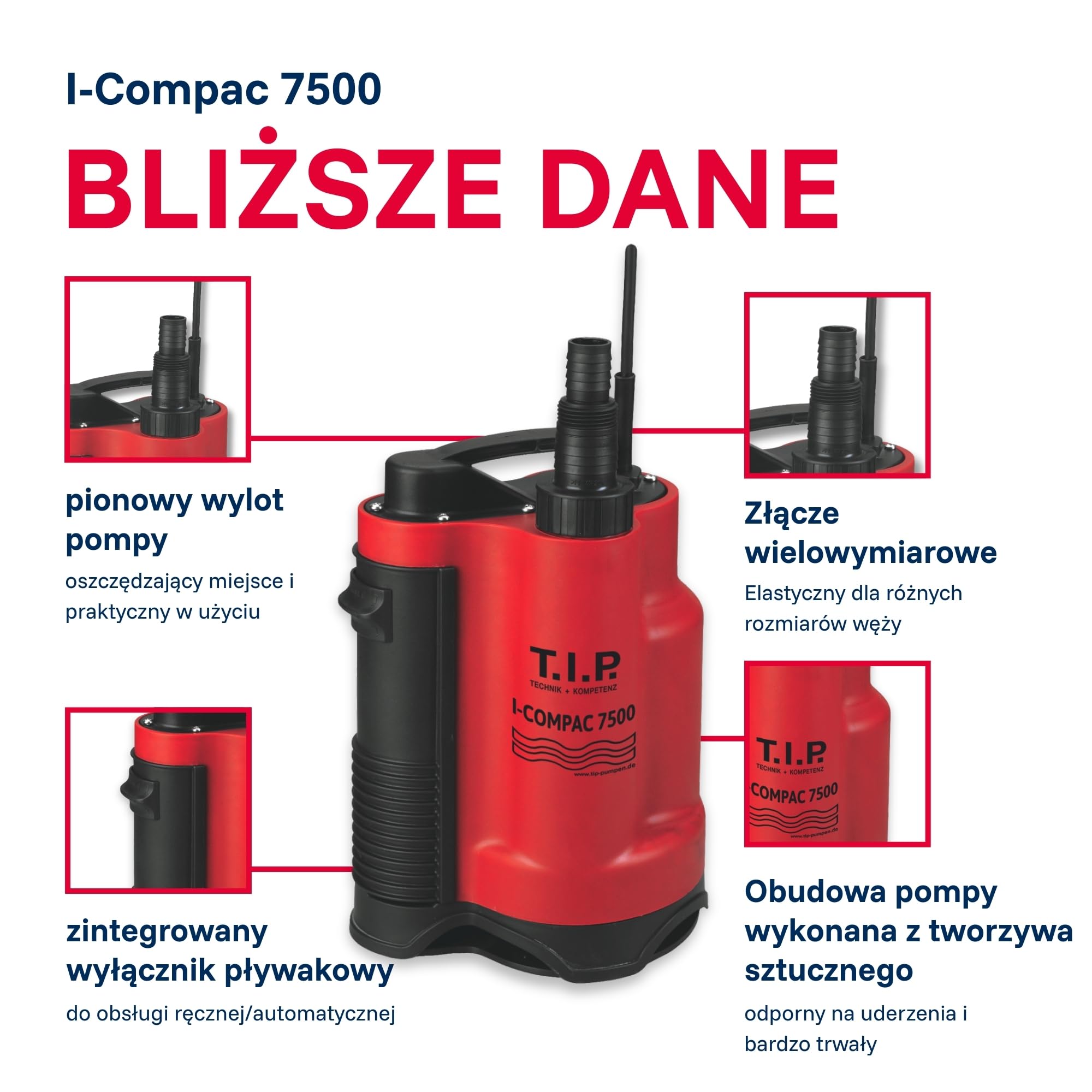 T.I.P. Zanurzeniowa Pompa Drenażowa I-Compac 7500 z Wyłącznikiem Pływakowym do Brudnej Wody 400W Tworzywo Sztuczne Czerwona, 30190