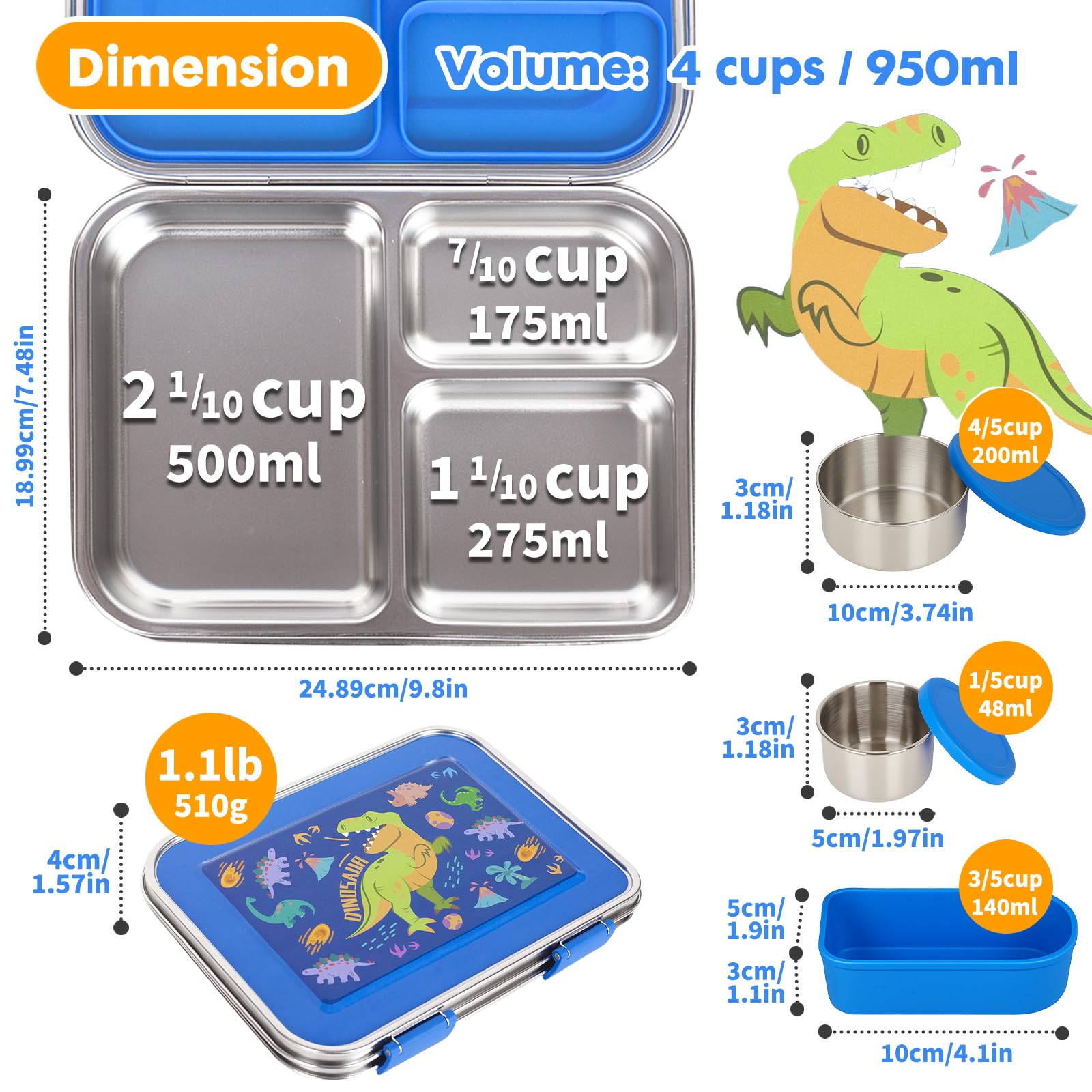 Edelstahl Brotdose Kinder mit 3 Fächern und Dichtring 950ml Lunchbox Personalisiert , BPA-freie, Auslaufsicher, 3 Containers Bento Box für Picknick Schulschüler Mittagessen Snack (Dinosaurier)