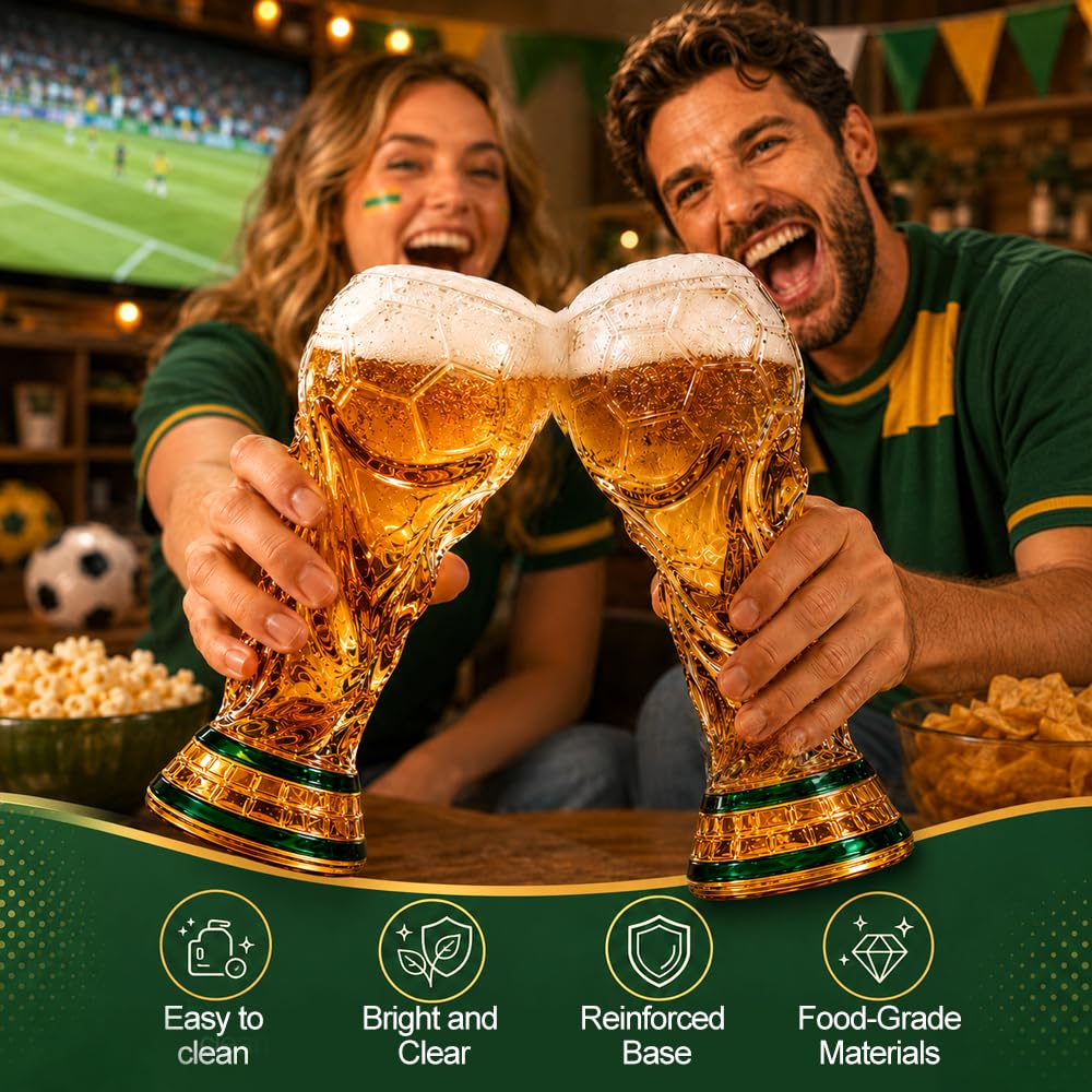 2 sztuki WM Copa ölglas, 500 ml ölsejdel szklanka z uchwytem w kształcie wachlarza, szklanka do piwa, duża szklanka do piwa na imprezę piłkarską, szklana szklanka w kształcie trofeum do piwa