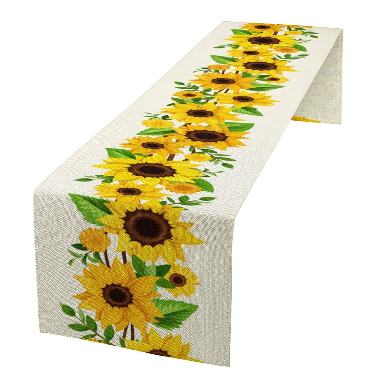 Sunflower Table Runner Yellow Flowers Green Leaves Nature Pattern Table Runner Table Cloth Decoration Dresser Garden Farmhouse Wedding Party Vacation
